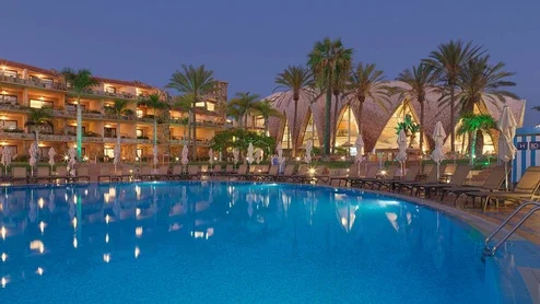 Main swimming pool at dusk